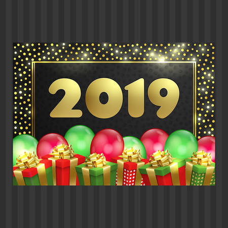 Happy New Year and Christmas celebration elegant card with gold and red balloon, gift boxes, confetti. Vector Illustration for holiday greeting card, invitation, poster. Party banner with air balloonsのイラスト素材