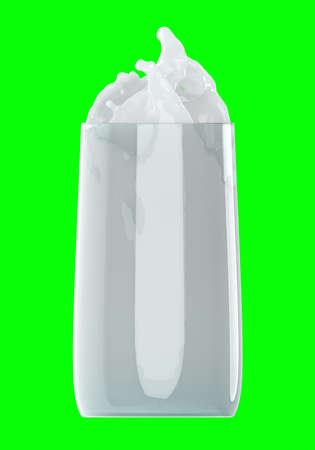 Splashes of milk from the glass isolated on green background. 3D illustration of glass with milkの写真素材