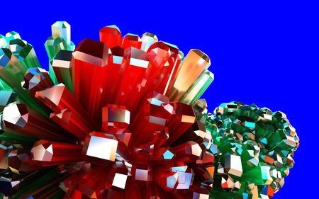 Clear colorful crystal cluster isolated on blue background. 3D illustration of green and red...