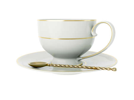 Isolated empty elegant antique porcelain white tea cup on saucer with gold edging and gold vintage tea spoon with twisted handle on white background. Vintage crockery. 3D Illustrationの写真素材
