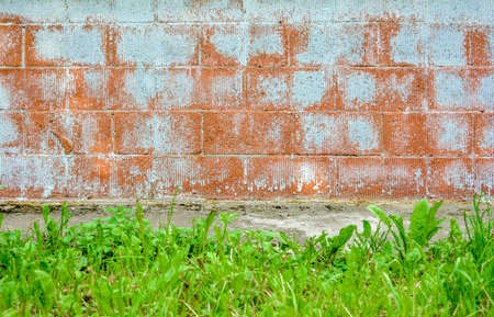 Texture of red corrugated brick wall with white peeling paint and grass city lawn with green grass. Background image featuring siding brickwork with fluted textureの写真素材