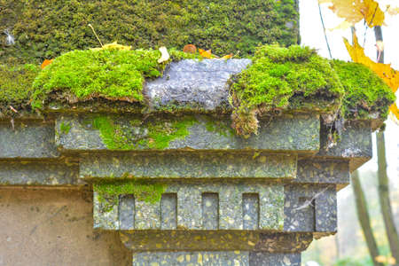 Detail of top of abandoned old weathered column with covered green moss. Photo of historical architectureの写真素材