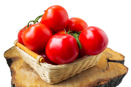 Fresh organic red tomatoes in a woven basket on cutting wood slice isolated on white. Close up photographyの写真素材