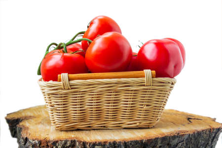 Fresh organic red tomatoes in a woven basket on cutting wood slice isolated on white. Close up photographyの写真素材
