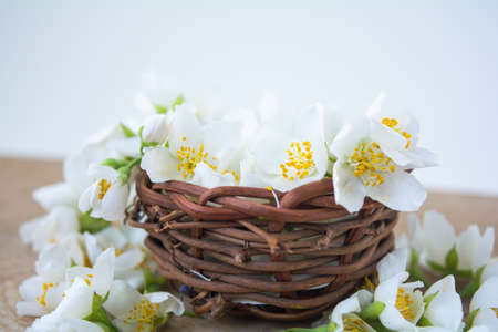 White jasmine flowers, traditional chinese green tea ingredient, aromatherapy flavor on wooden background. Wedding invitation card. Space for textの写真素材
