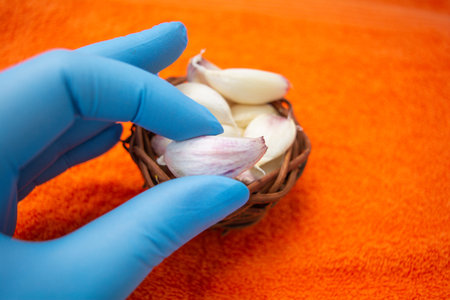 Hand in blue latex medical glove with Cloves of raw Garlic in wooden small bowl. Spices for cooking...