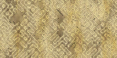 Seamless pattern of a monochrome antique maze scheme, painted on old paper or parchment. Vintage dungeon or labyrinth map as wallpaper or repeating backgroundの写真素材