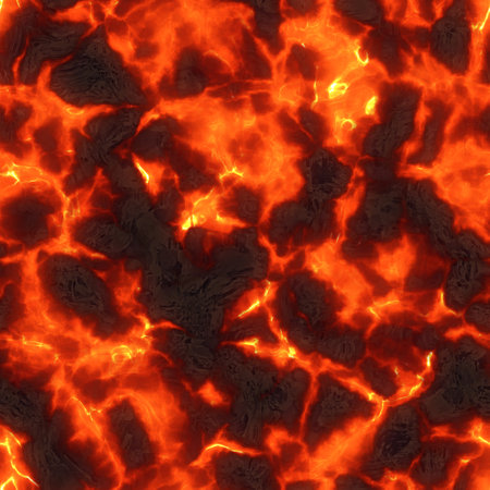 Seamless magma or lava texture with melting material flowing among hot rocks. Red hot molten lava flowの写真素材