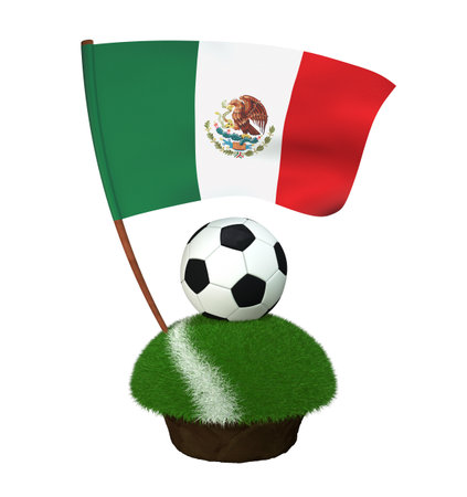 A black and white round ball for playing football and the national flag of Mexico are located on a stretch of a football field with green grass and a white stripe. 3D Illustrationの写真素材
