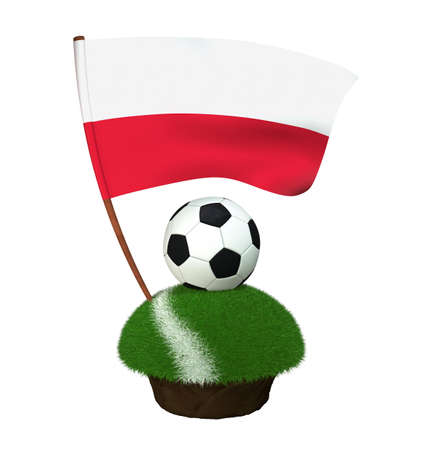 A black and white round ball for playing football and the national flag of Poland are located on a stretch of a football field with green grass and a white stripe. 3D Illustrationの写真素材