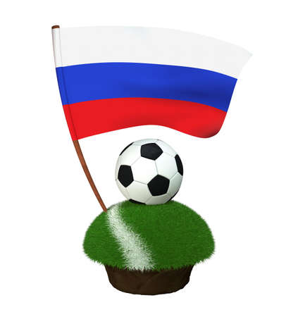 A black and white round ball for playing football and the national flag of Russia are located on a stretch of a football field with green grass and a white stripe. 3D Illustrationの写真素材