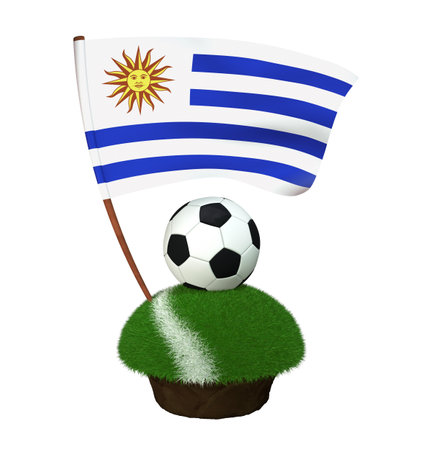 A black and white round ball for playing football and the national flag of Uruguay are located on a stretch of a football field with green grass and a white stripe. 3D Illustrationの写真素材