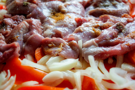 Fresh raw chicken meat pieces. Ready to cook turkey meat with cutting vegetable. Cooking backgroundの写真素材