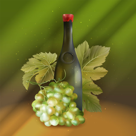 Vector image of realistic wine bottle and grapesのイラスト素材