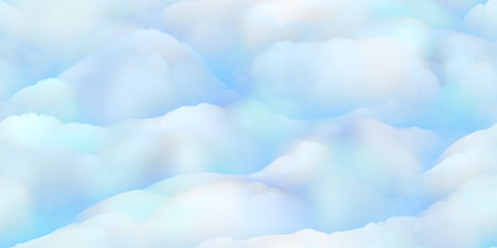Blue sky seamless background and cartoon fluffy white clouds. Stylize heaven backgroundの写真素材