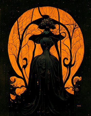 Black silhouette of Halloween Witch, orange moon pumpkin, dead trees and cobwebsの写真素材