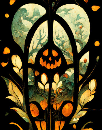 Halloween card. Silhouette of gate in mysterious garden and smiling evil pumpkinの写真素材