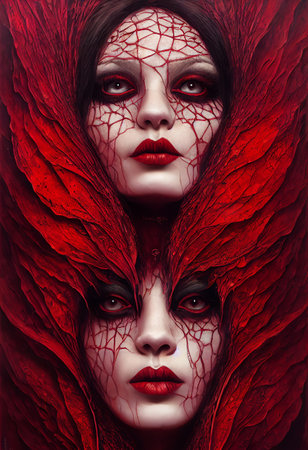 Art with blood red petals of hellish flower and couple of human creepy facesの写真素材