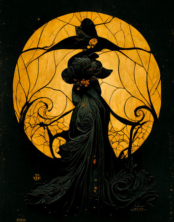 Black silhouette of Halloween Witch, orange moon pumpkin, dead trees and cobwebsの写真素材