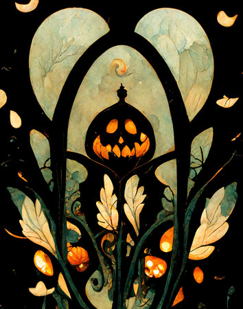 Halloween card. Silhouette of gate in mysterious garden and smiling evil pumpkinの写真素材