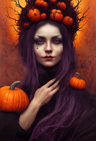 Art young black witch, creepy makeup, pumpkin, dead branches. Halloween cardの写真素材
