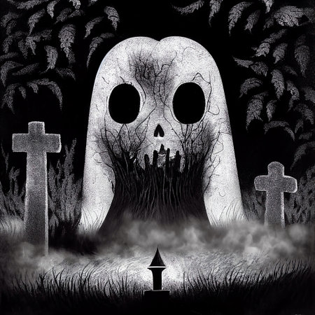 Black and white illustration. Huge white hungry ghost, spooky graveyard. Horrorの写真素材