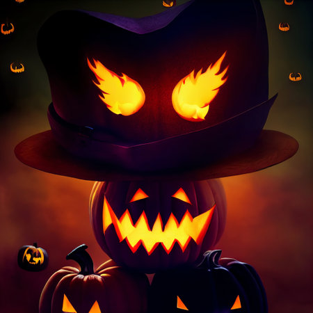 Creepy burning Jack-o-lantern pumpkin head. Halloween Glowing fire flame headの写真素材