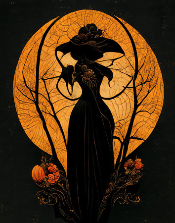 Black silhouette of Halloween Witch, orange moon pumpkin, dead trees and cobwebsの写真素材