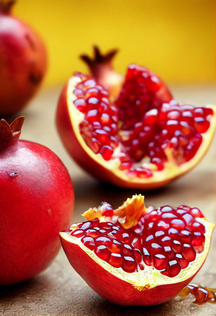 Fresh ripe whole and cut pomegranate fruit with seeds and leavesの写真素材