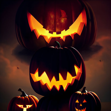 Creepy burning Jack-o-lantern pumpkin head. Halloween Glowing fire flame headの写真素材