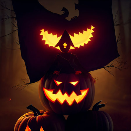 Creepy burning Jack-o-lantern pumpkin head. Halloween Glowing fire flame headの写真素材