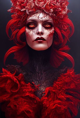 Art creepy sexywitch or vampire, revealing red dress and hat. Halloween cardの写真素材