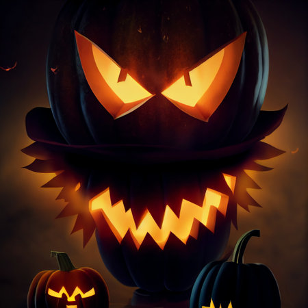 Burning Jack-o-lantern pumpkin head. Creepy and horrible symbol of Halloween. Glowing hot fire flame head of pumpkin. Scary head in hell fire flames. Illustrationの写真素材