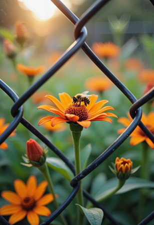 Close-up of bees and flowers growing by a metal fence