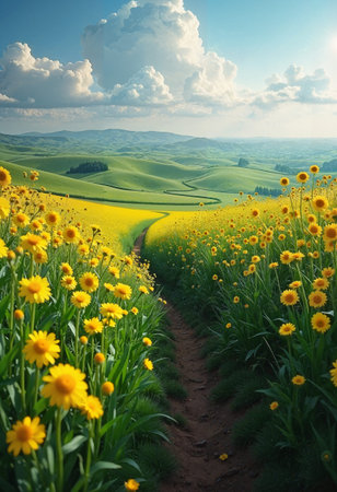 Serene landscape with a path through a green flowering valley with peaceful hills and mountains in the backgroundの写真素材