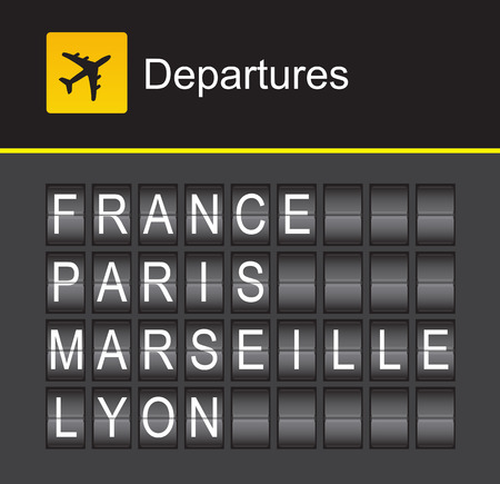 France flip alphabet airport departures: France, Paris, Marseille, Lyonのイラスト素材
