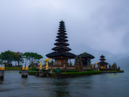 Pura Ulun Danu temple panorama at sunrise on a lake Bratan Bali Indonesiaの写真素材