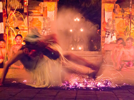 BALI, INDONESIA - MAY 14: Presentation of traditional balinese Fire Dance on MAY 14, 2013 on Bali. Kecak is very popular cultural show on Bali, Indonesia.のeditorial素材