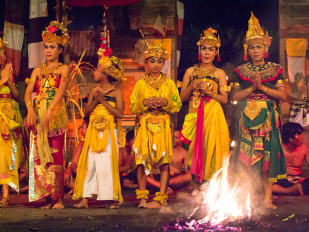 BALI, INDONESIA - MAY 14: Presentation of traditional balinese Fire Dance on MAY 14, 2013 on Bali. Kecak is very popular cultural show on Bali, Indonesia.のeditorial素材