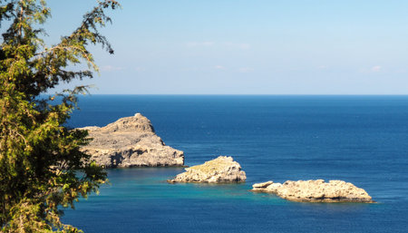 Sunny view on Lindos bay, Rhodes, Greece