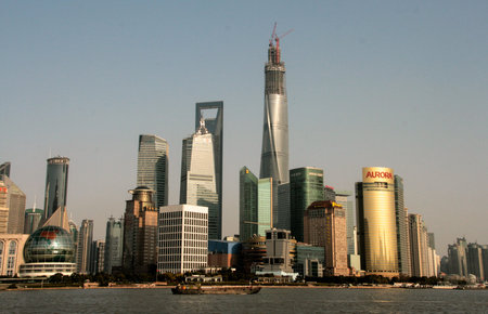 Shanghai, China - May. 20, 2016: beautiful shanghai bund viewed from Huangpu river in the twilight,...