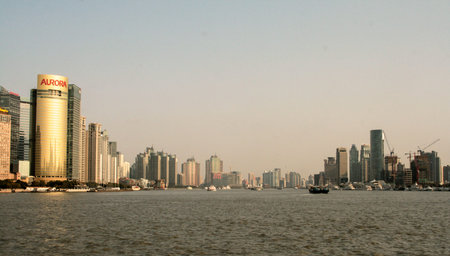Shanghai, China - May. 20, 2016: beautiful shanghai bund viewed from Huangpu river in the twilight,...