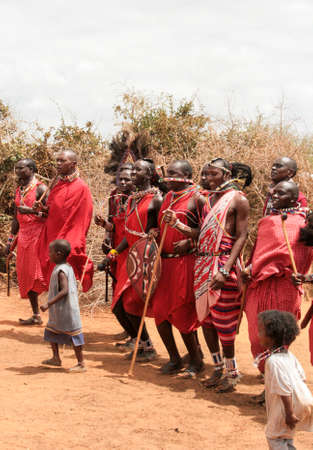 Kenya, Tsavo National Park, 03/20/2018 - Masai people in their village in traditional costumeのeditorial素材