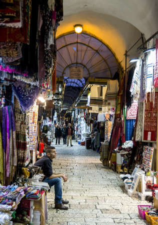 Jerusalem, Israel - 12/15/2019: via dolorosa - main street with shops down to the churchesのeditorial素材