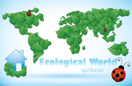 Eco World Map Of Green Leaves with eco-friendly house and ladybird.のイラスト素材