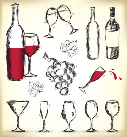 Collection of hand-drawn glasses, bottles of wine and grapesのイラスト素材