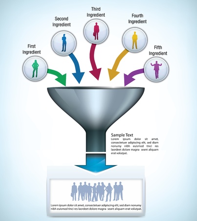 Funnel presentation template with space for different elements, and silhouettes of business peopleのイラスト素材