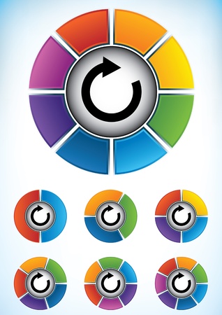 Set of seven wheel diagrams with different colors and numbers of divisions or components with a central directional flow arrow to be used as a business presentation templateのイラスト素材