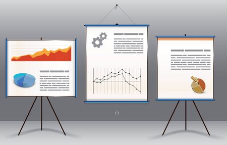 Business presentation concept with two display boards on stands with graphs, diagrams and text and a central hanging screen with statistical a graph and text on a graduated grey backgroundのイラスト素材