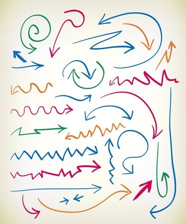 Set of hand drawn arrows in various colored inks with zig zag, curlicue, wavy, and curved lines leading to the arrowheadのイラスト素材